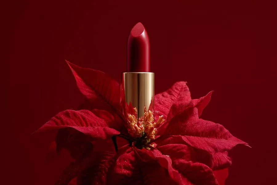 Lipstick with red Christmas flower